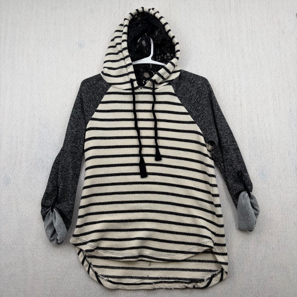 Inspired Hearts Women Striped Lace Hooded Pullover Raglan Sleeve Top Medium